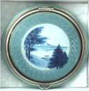 RARE LARGE SIZE F and B Sterling Silver Enameled Guilloche Compact in Baby Blue with Tranquil Lake Scene