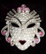 Super Deco Mask Pin in Pave' Rhinestones with Pink Accents by Reina