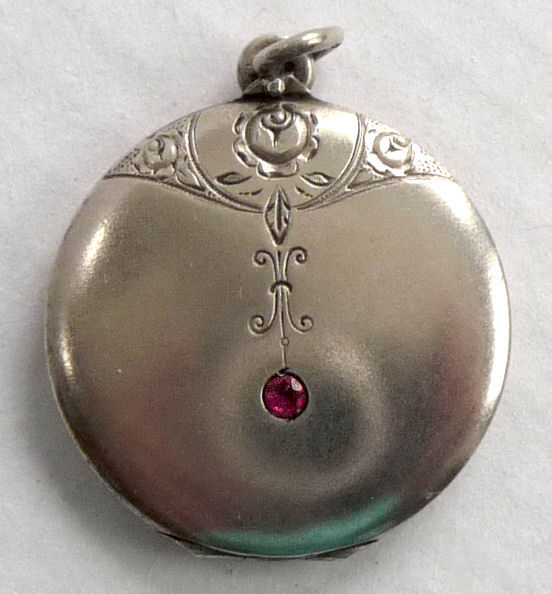 german 800 silver art nouveau locket with ruby jewel and etched rose ...